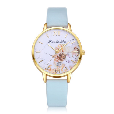 

FanTeeDa Brand Women Print Big Dial Watch Ladies Leather Quartz Watches Gold Color Flower Dress Wristwatch Female 533