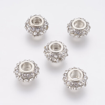 

Alloy European Beads Large Hole Beads with Rhinestone Rondelle Platinum 11x6mm Hole 4mm