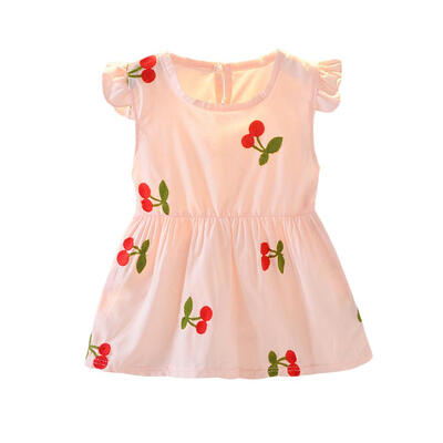 

Cherry Print Dress Girls Kids O Neck Summer Cup Sleeve Princess Dresses