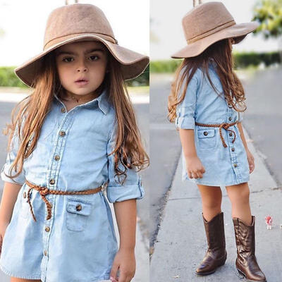 

Baby Kids Girl Denim Short Mini Dress Jean Long Sleeve Casual Party Shirt Dress