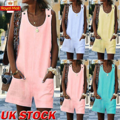 

Ladies Summer Linen Cotton Jumpsuit Dungarees Pocket Shorts Playsuit Overalls