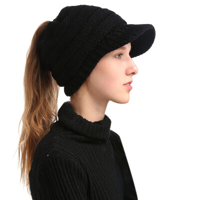 

Winter Women Girl Soft Warm Knitted Thicken Hat Ponytail Beanie Caps with Visor Outdoor Snow Ski Sports Cap