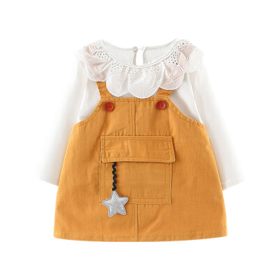 

New Autumn Baby Girl Dress 0-3T Fashion Fake Two-piece Solid Long Sleee Dress Novel Lace Hollow Out Turn-down Collar Girls Dress