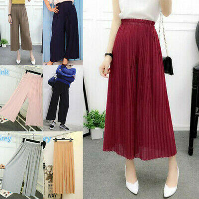 

2019 Women Solid Pleated Chiffon Wide Leg Pants Elastic Waist Loose Trousers