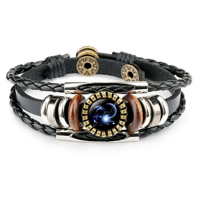 

Retro Leather Rope Twelve Constellations Time Gem Weaving Bracelet Fashion Wild Men Women Accessories