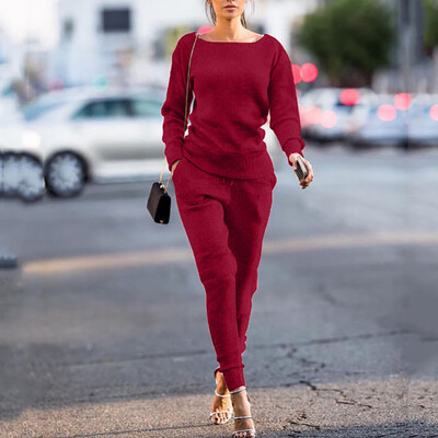 

Roseonmyhand 2Pcs Women Solid Tracksuit Sweatshirt Long Pants Sport Lounge Wear Suit Sets