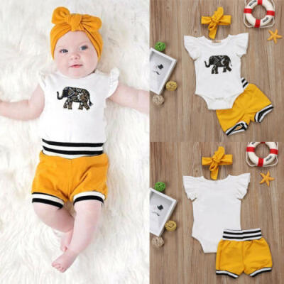 

US Newborn Baby Girl Ruffle Tops Romper Bodysuit Pants Headband Outfits Clothes