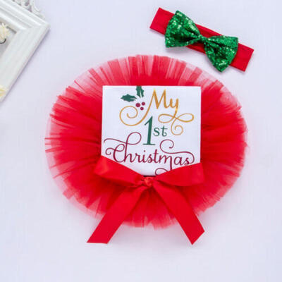 

3PCS Newborn Baby Girl My 1st Christmas RomperLace Tutu SkirtHeadband Outfits