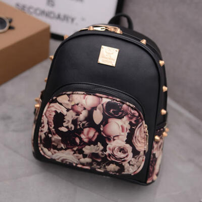 

26 X 27 X 13cm Womens Rivet Backpack Stylish Print PU Leather Satchel Bag