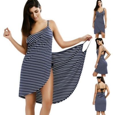 

Women Striped Swimwear Scarf Beach Cover Up Wrap Sarong Sling Skirt Maxi Dress