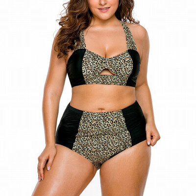 

Plus Size black leopard stitching without steel support cup cotton detachable high waist split swimsuit