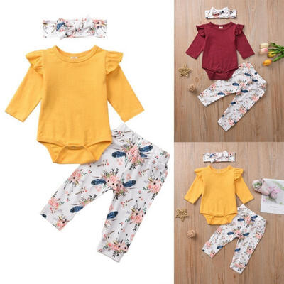 

3Pcs Newborn Baby Girls Cute Solid Color Long Sleeve Romper TopFlower Long Pants Headband Outfits Set