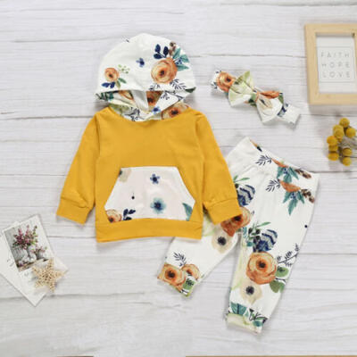

Newborn Baby Girls Floral Hooded Tops Pants Leggings Headband Outfits Clothes