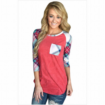 

Round neck cropped sleeve pocket plaid striped print casual straight top