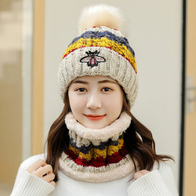 

Hat lady autumn&winter wool shield ear warm knitted hat small bee hair ball cover head hat neck two-piece set