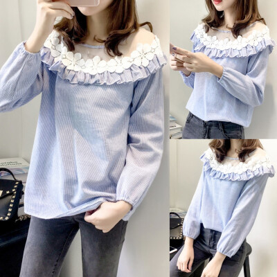 

Starmoon Fashion Women Top Stripe Lace O-Neck Shirt Stripe Long Sleeve Loose Blouse
