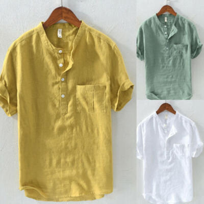 

Summer Mens Cotton Linen T Shirt Henley Tops Casual Loose V Neck Short Sleeve