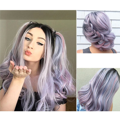

〖Follure〗70CM Sexy Gradient Purple Party Wigs Long Curly Hair Mixed Colors Synthetic Wig
