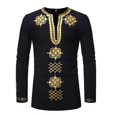

Toponeto Men Vintage African Print Printed Long Sleeve V-Neck T-Shirt Top Blouse