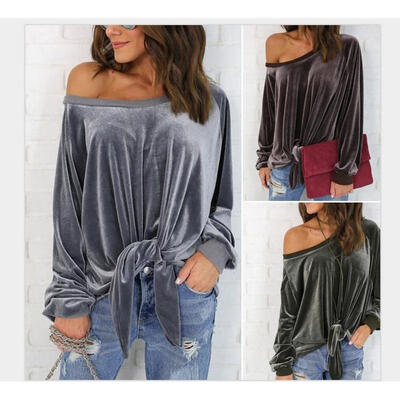 

FASHION Women Fashion Off Shoulder Blouse Velvet Bandage Tops Casual T-Shirt Autumn Top