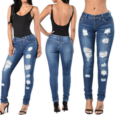 

Women Hole Destroyed Ripped Distressed Slim Denim Pants Boyfriend Jeans Trousers