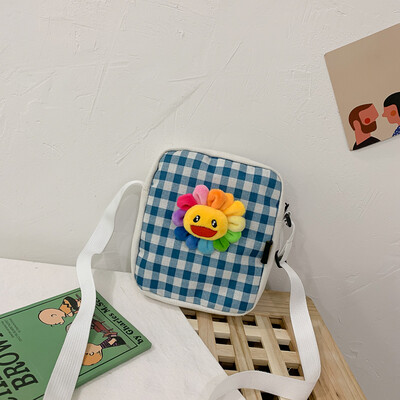 

2019 new wild plaid shoulder bag fashion Messenger small square bag cartoon cute colorful sun flower canvas bag