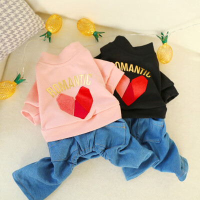 

Fashion Dog Jumpsuit Outfit Pet Apparel Costume For Puppy Cute Jumpsuit Uniform Dog Button Love Heart Tops Denim Pants