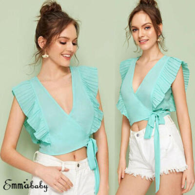 

Summer Womens Chiffon V Neck Wrap Side Ruffle Tops Beach Lace-up Blouse Shirts