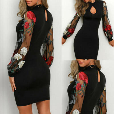 

Sexy Women Floral Mesh Sheer Sleeve Bodycon Party Club Wear Mini Short Dress US
