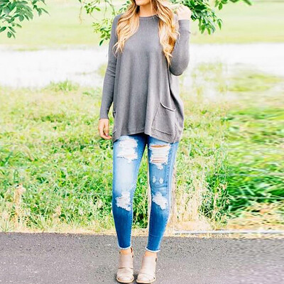 

Tailored Fashio Women Casual Autumn O-Neck Solid Pocket Long Sleeve Patchwork Loose Tops