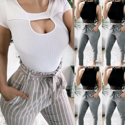 

USA Fashion Women High Waist Drawstring Elastic Long Pants Belt Harem Trousers