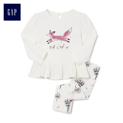 

GAP flagship store female baby small animal pattern decorative hem long sleeve shirt set 374698 ivory white 0-3M
