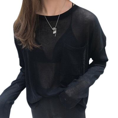 

Women Fashion Casual Knitted Female Long-sleeved Loose Thin Solid Color Sunscreen Blouse Bottoming Shirt Top