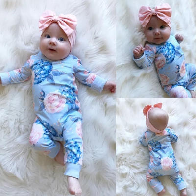 

0-24M Newborn Baby Blue Romper Clothes Outfits Pink Headband 2Pcs Set