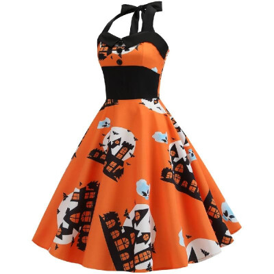 

X3326 cross-border Halloween new retro womens sexy hanging neck wrapped chest elastic waist haunted house printed big swing skirt