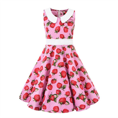 

Kids Teen Children Girls 1950s Retro Sleeveless Strawberry Print Princess Dress