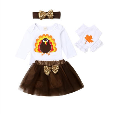 

4 Pcs Newborn Infant Baby Girl Thanksgiving Outfits Turkey Long Sleeve Romper Bodysuit Tutu Skirt Leg Warmer Headband Set