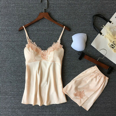 

2Pcs Women Satin Silk Sleepwear Lace V Neck Tops Shorts Pants Pyjamas Set