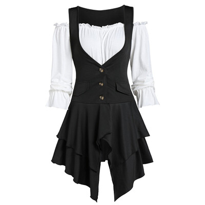 

Roseonmyhand Women Plus Size Coat Blouse Button Two-Piece Set Pocket Layered Tank Long Sleeve