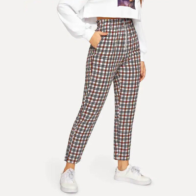 

Fashion Women High Waist Lattice Printing zipper Long Trousers Casual Pants