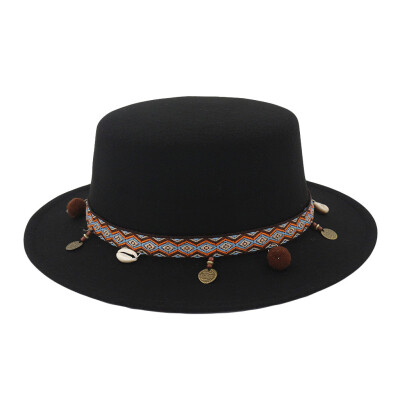 

Tailored Women Wide Brim Wool Belt Felt Flat Top Fedora Hat Party Church Trilby Hats Cap