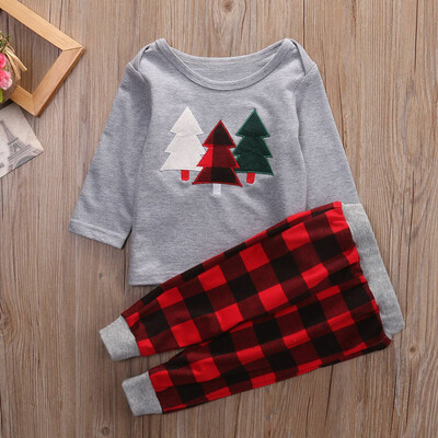 

Toddler Kid Baby Boy Girl Clothes Xmas Tree Tops T Shirt Plaid Pants Outfits Set