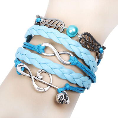

NEW Pearl Infinity Skull Note Wing Leather Charm Bracelet plated Silver