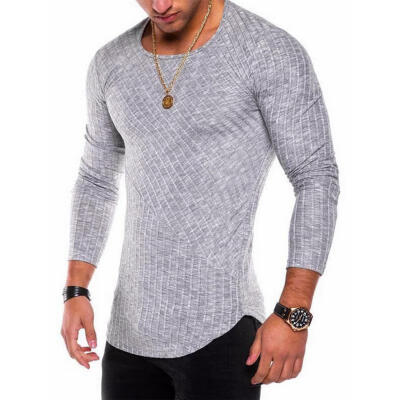 

2018 New Pit Strip Solid Color Stitching Arc Hem Bottoming Shirt Long Sleeve Round Neck Mens T-Shirt