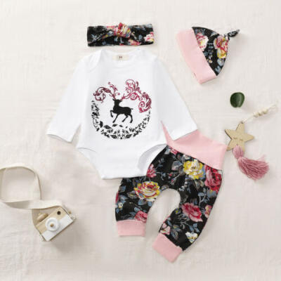 

USA Newborn Infant Baby Girls Outfits Deer Romper Tops Floral Pants 4PCS Clothes