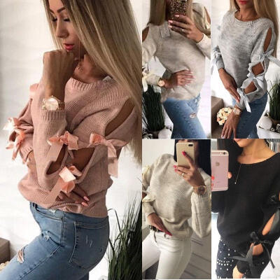 

New Women Bow Hollow out Long Sleeve Sweater Pullover Loose Tops Blouse Knitwear