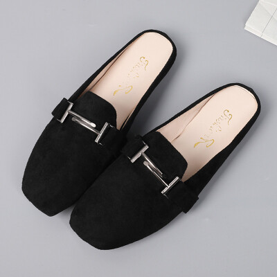 

Spring new Korean version of the square head drag flat with flat - bottom Baotou shoes a social lazy woman half - drag shoes