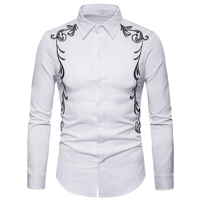 

Turn-down Collar Long Sleeve Embroidery Button Slim Men Shirt