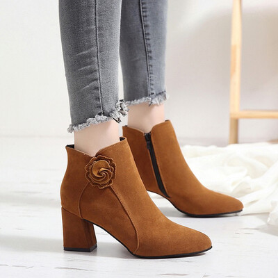 

Rose Womens Ladies Fashion Solid Flower Ankle Zipper Pointed Toe Casual Boots Shoes