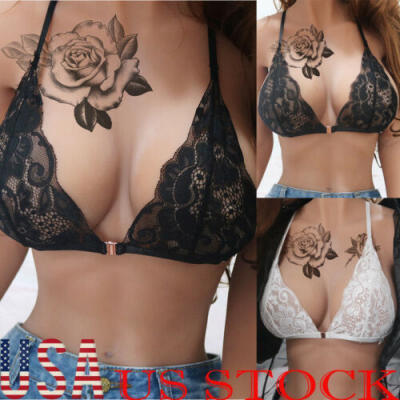 

Floral Lace Halter Bralette Lined Bra No Pad Crop Top V Neck Black White Nude